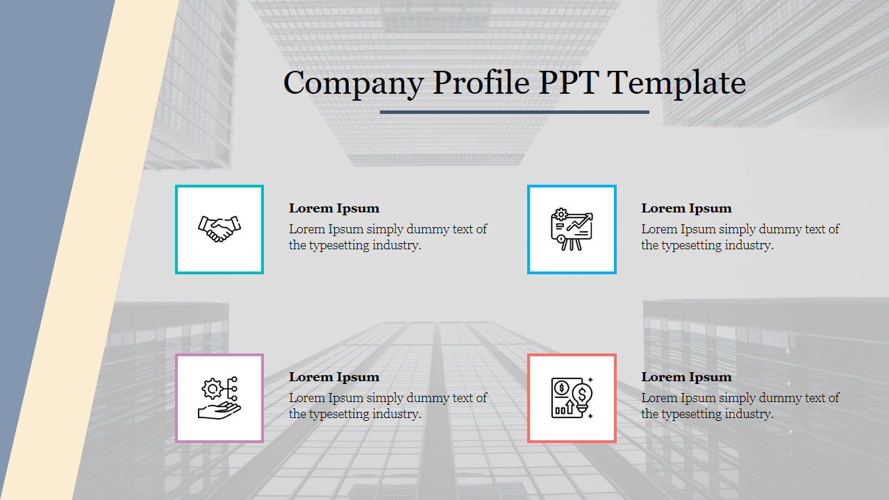 Company profile PPT slide featuring icons for business themes and placeholder text on a background of skyscrapers.