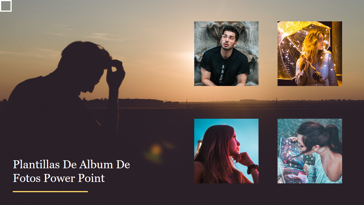 Plantillas de album de fotos with person's silhouette at sunset and four square photo portraits, over a dark background.