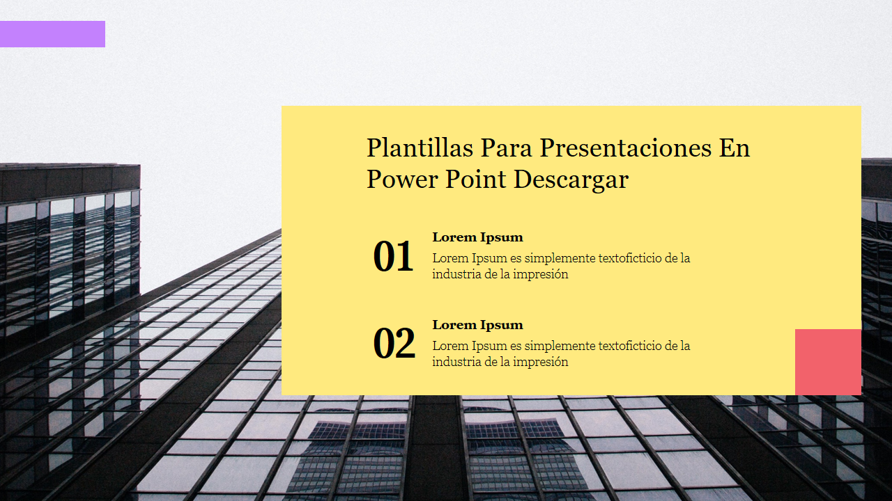 Plantillas para presentaciones en PowerPoint descargar with glass buildings and a yellow box with two numbered captions.