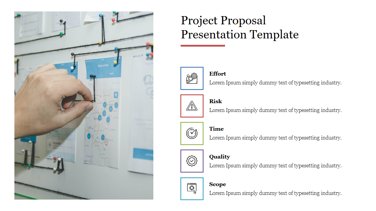 Project proposal template with five labeled square icons and a photo of a hand adjusting a map on the left.