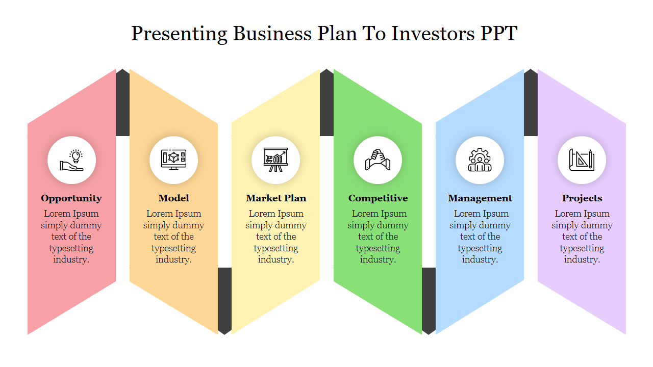 Six colorful vertical banners with icons, each representing different sections of a business plan presentation.