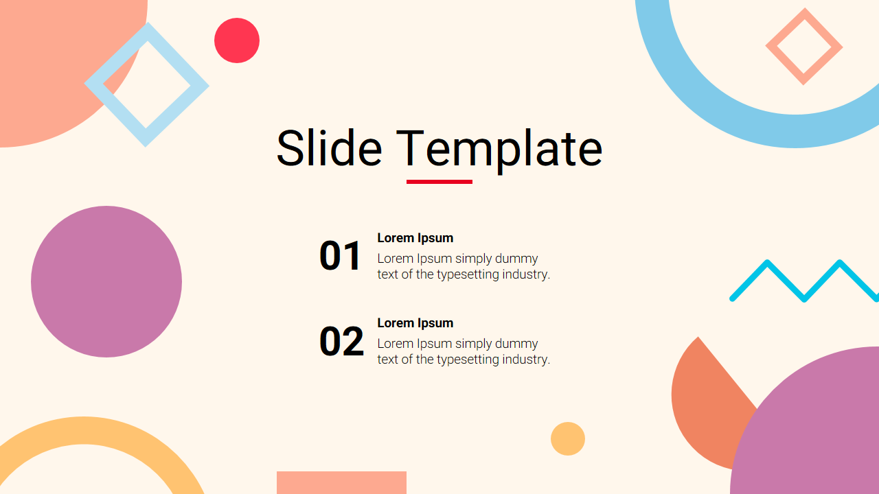 Minimalist slide template with labelled text sections, surrounded by colorful shapes like circles, squares, and lines.