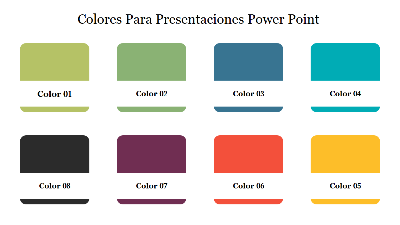 Colores para presentaciones slide featuring eight color blocks labeled from Color 01 to Color 08.