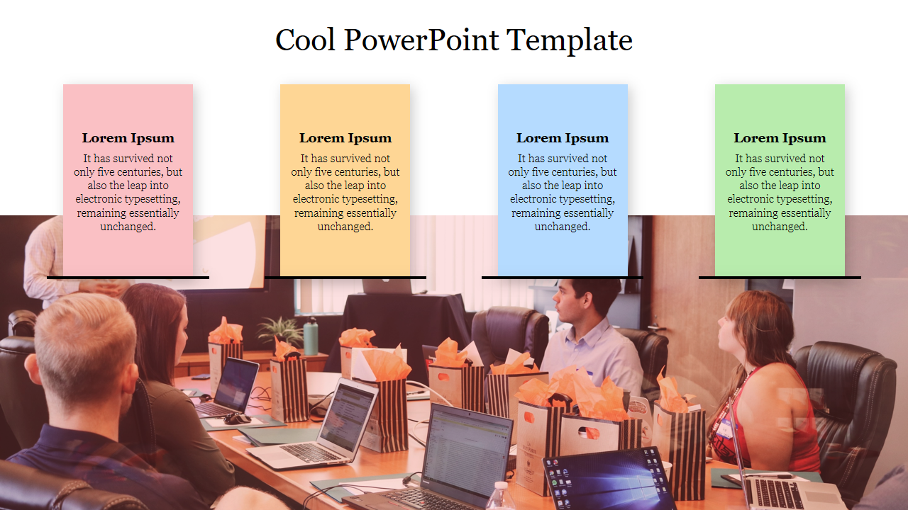 Template with four text boxes in pink, yellow, blue, and green, and people working around a table with laptops and gift bags.