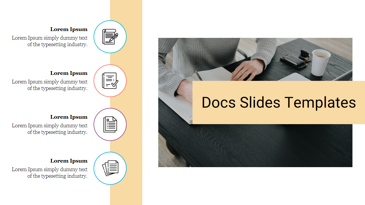 Google Docs slide with a person working on a laptop and placeholder text with icons.