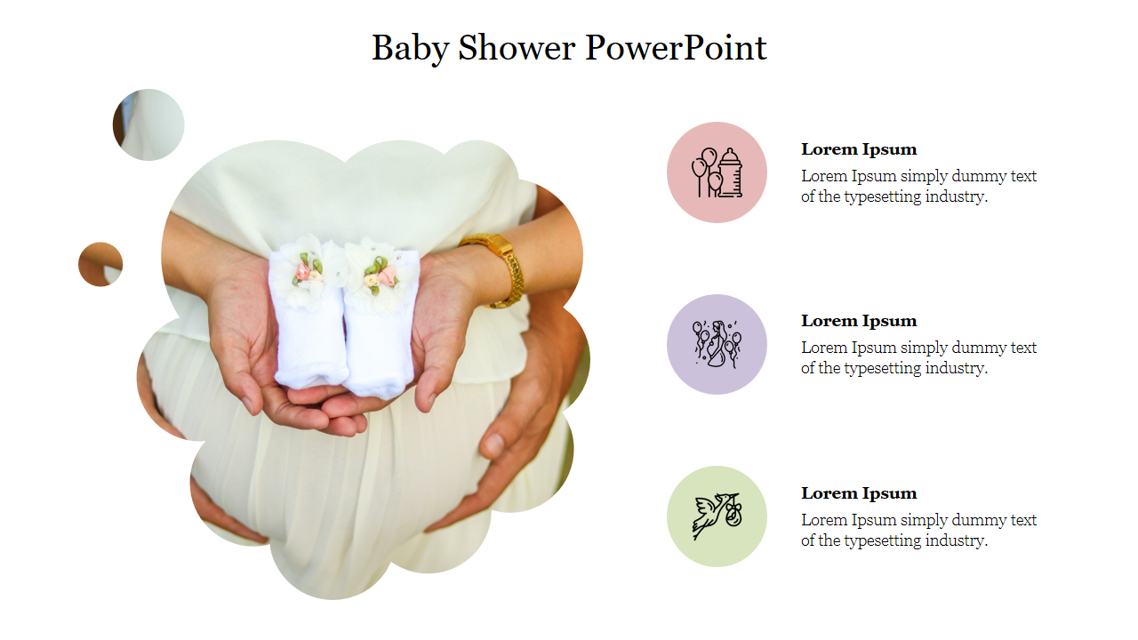 Baby shower PowerPoint slide with an image of hands holding tiny baby socks and decorative icons representing baby items.