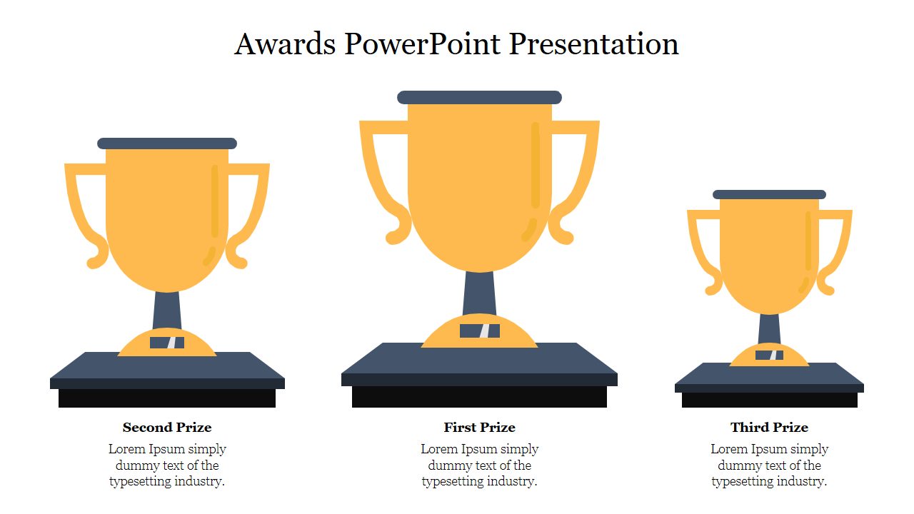 A vibrant awards slide featuring three trophies labeled for first, second, and third prizes with placeholder text.