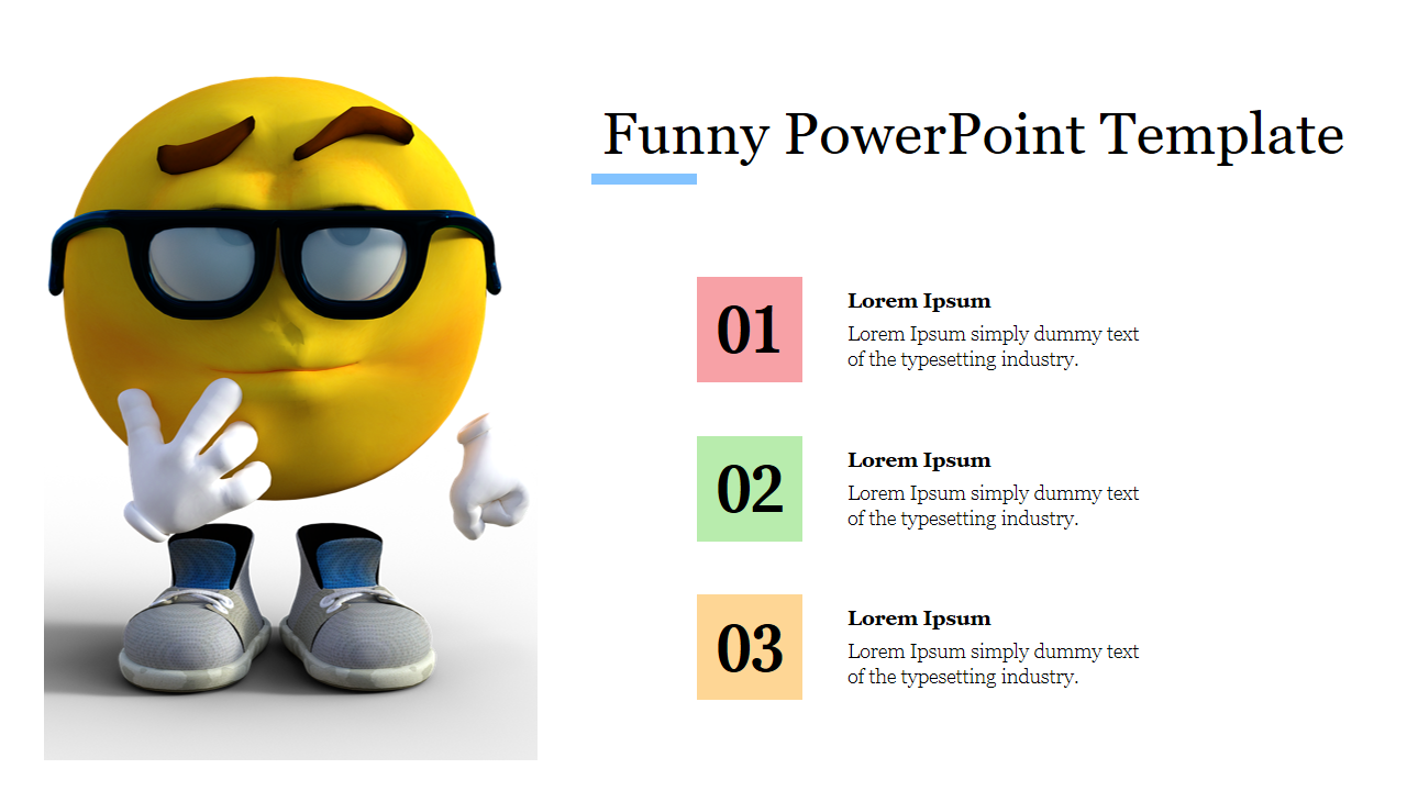 Funny slide showcasing a 3D smiling emoji wearing glasses and sneakers along with three colorful numbered text boxes.