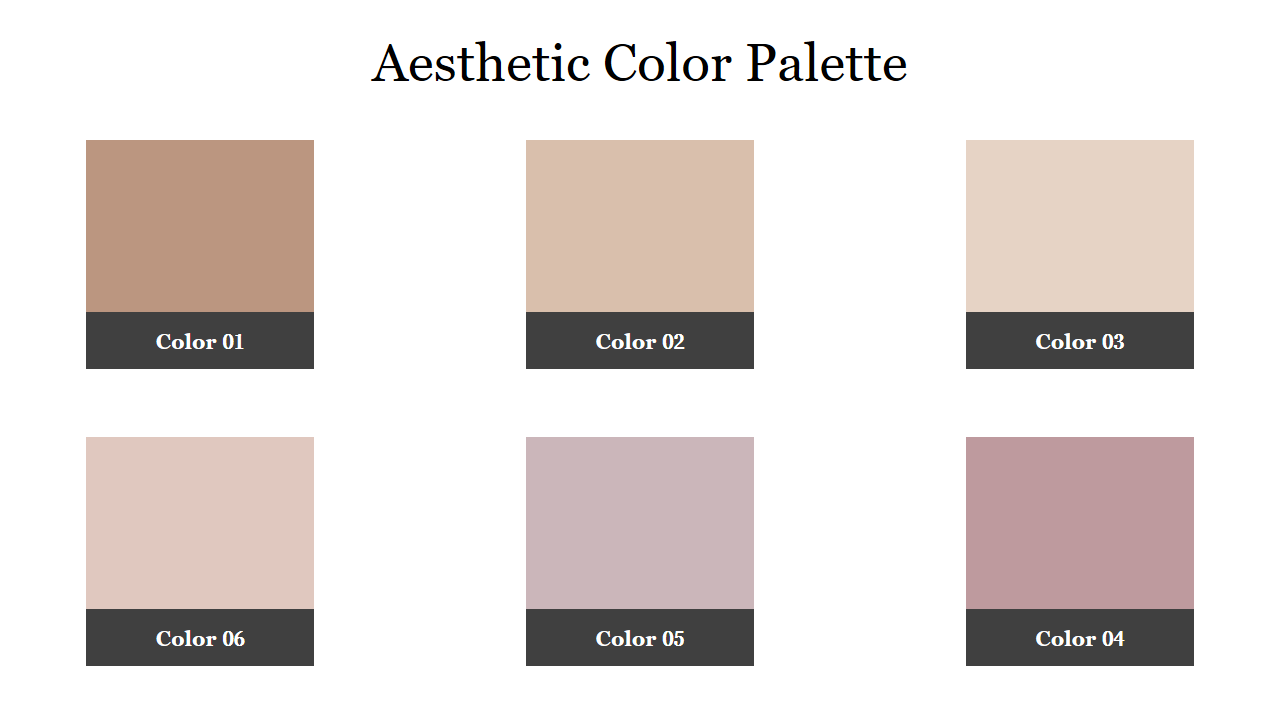 A slide showing an aesthetic color palette with six different shades, each labeled with a color number on white backdrop.