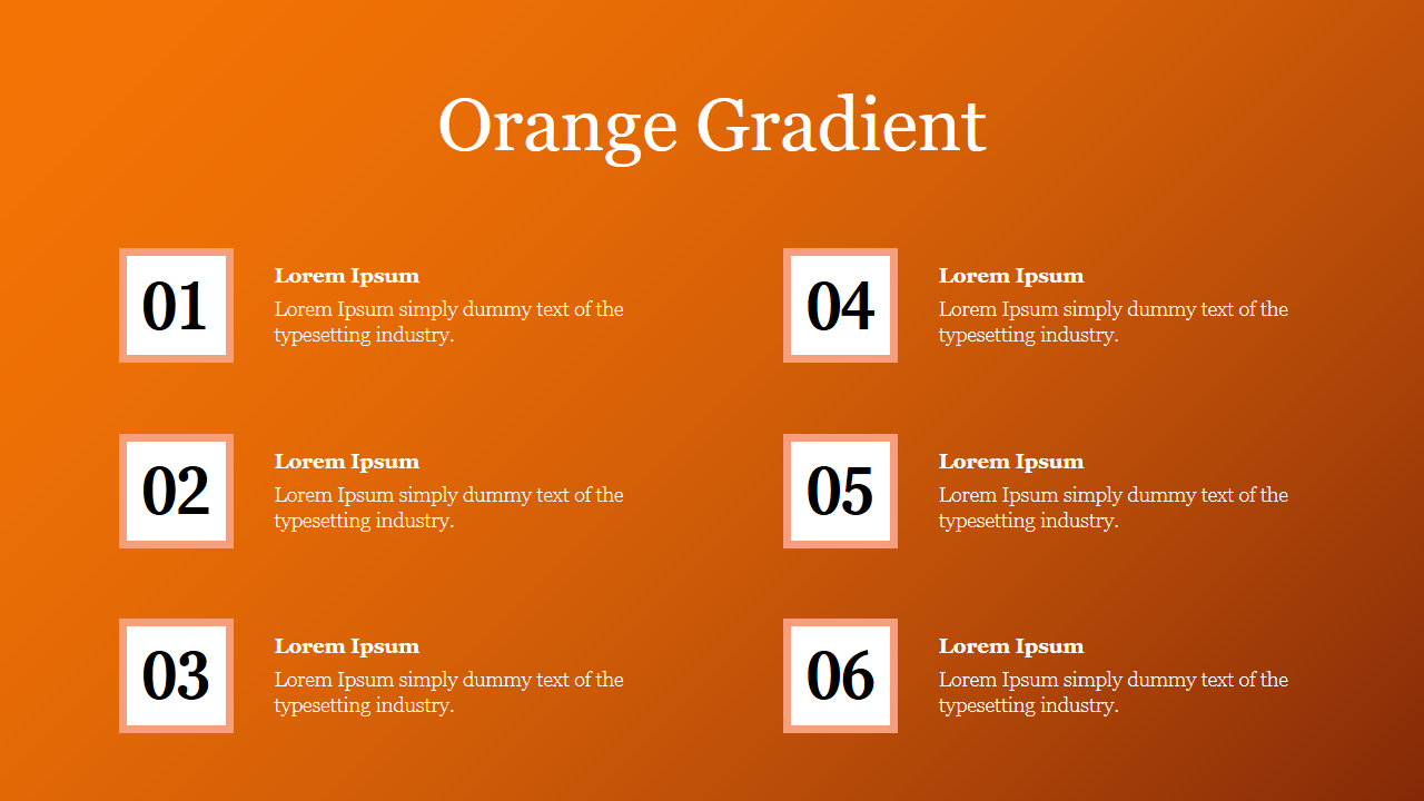 Slide with an orange gradient background featuring six numbered boxes with placeholder text next to each number.