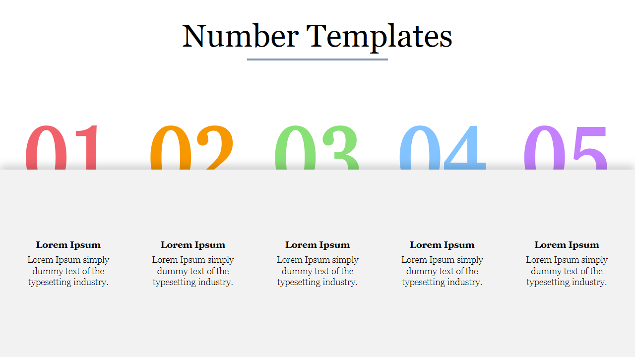 Slide displaying large, colorful numbers from 01 to 05 with corresponding text area sections below.