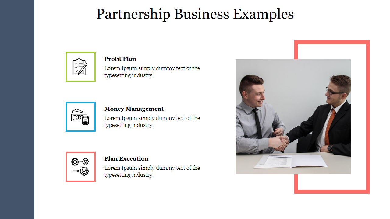 Business slide showcasing partnership examples with three sections featuring a realistic handshake visual of professionals.