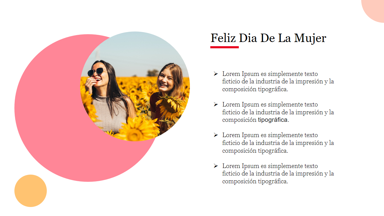 Feliz dia de la mujer slide with a circular photo of two women in a sunflower field with pink and yellow abstract shapes.