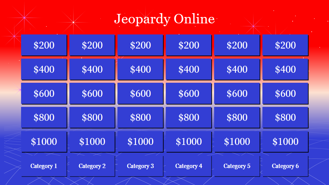 Jeopardy style game board with six categories and rows of dollar values, set against a red and blue gradient background.