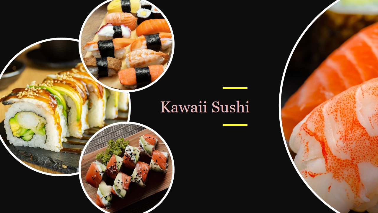 Four circular images of different sushi dishes on a black background with text in the center.