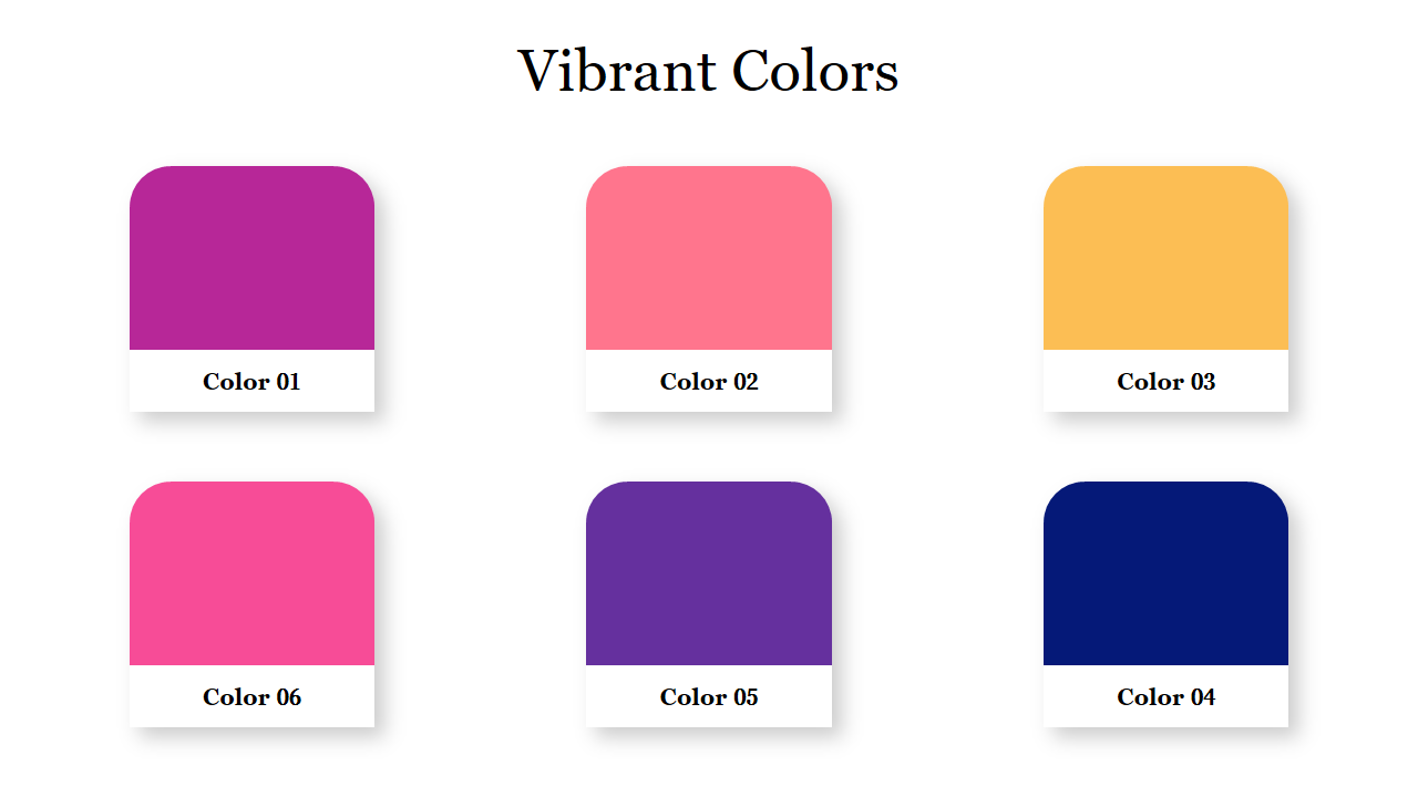 Six vibrant color swatches, each labeled, providing a visually appealing color scheme for presentations.