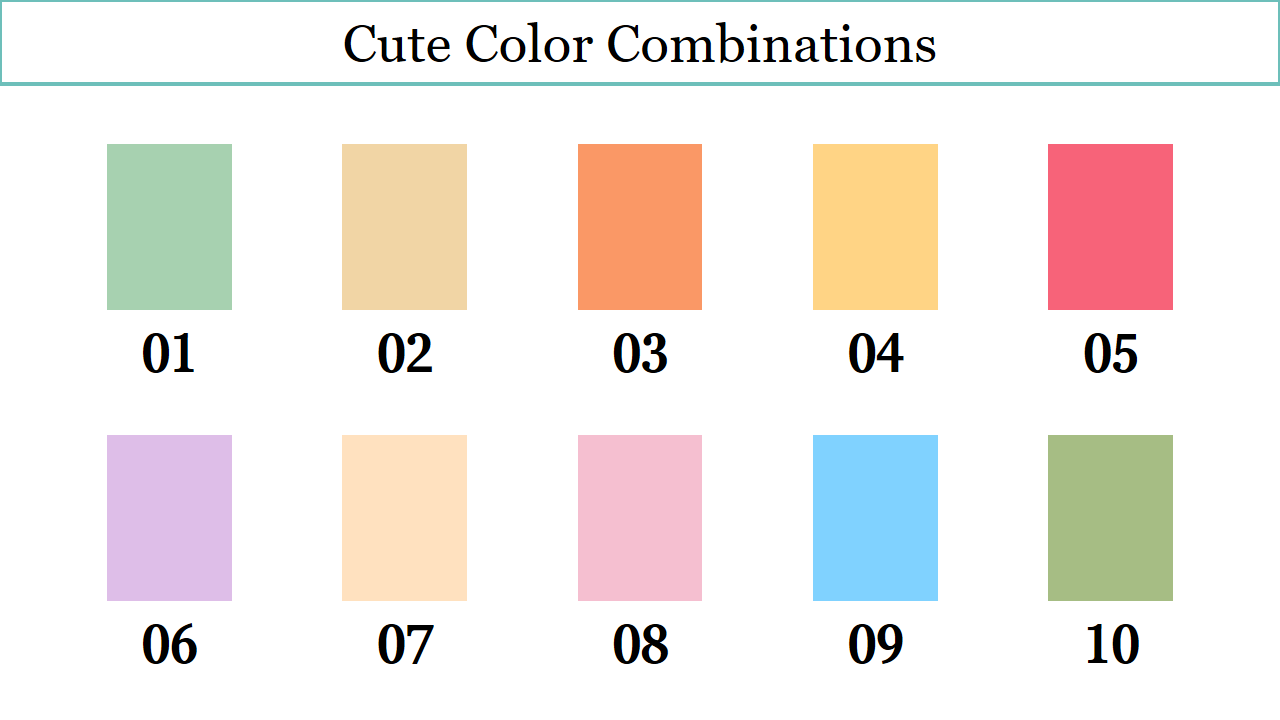 A grid of ten cute color combinations with numbered pastel shades ranging from green to blue, pink, and peach.