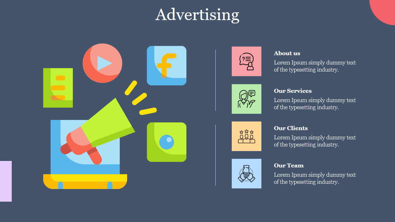 Visual representation of advertising strategy with a megaphone and social icons on the left, and business information.