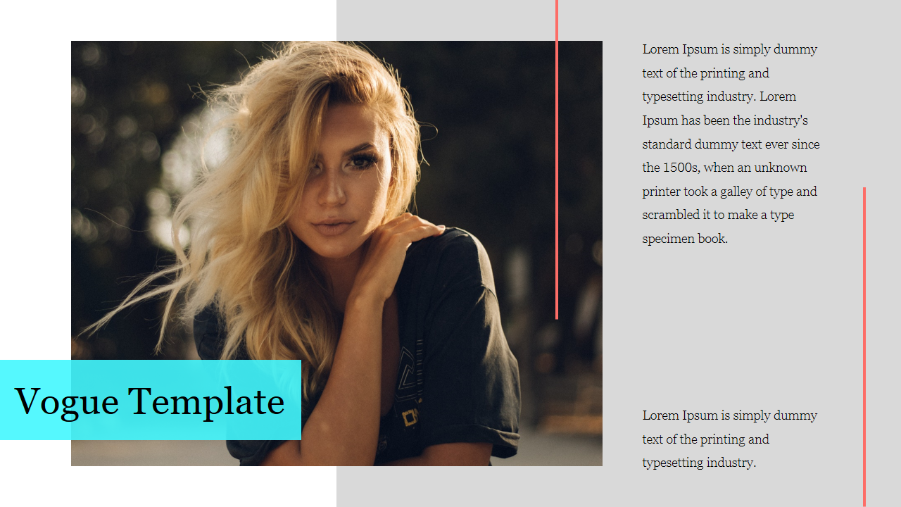 A stylish vogue slide with a portrait of a blonde woman and placeholder text on the right.