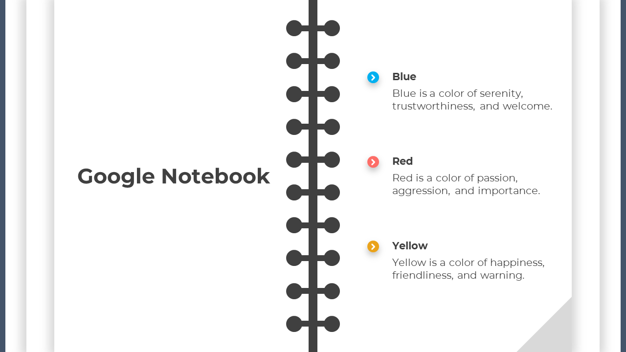 PowerPoint design featuring a google notebook with colorful labels for Blue, Red, and Yellow along with their descriptions.