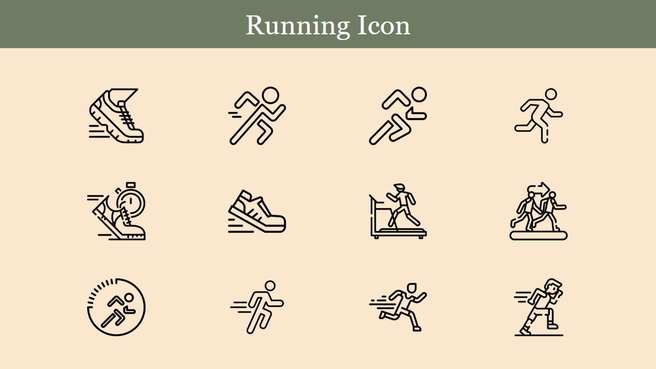 A collection of 12 running themed line icons, including running shoes, treadmills, and figures in motion.