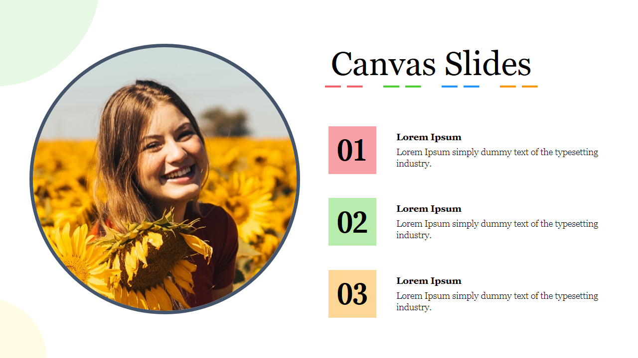 Canvas PowerPoint template with a portrait photo of a woman in a sunflower field and numbered sections.