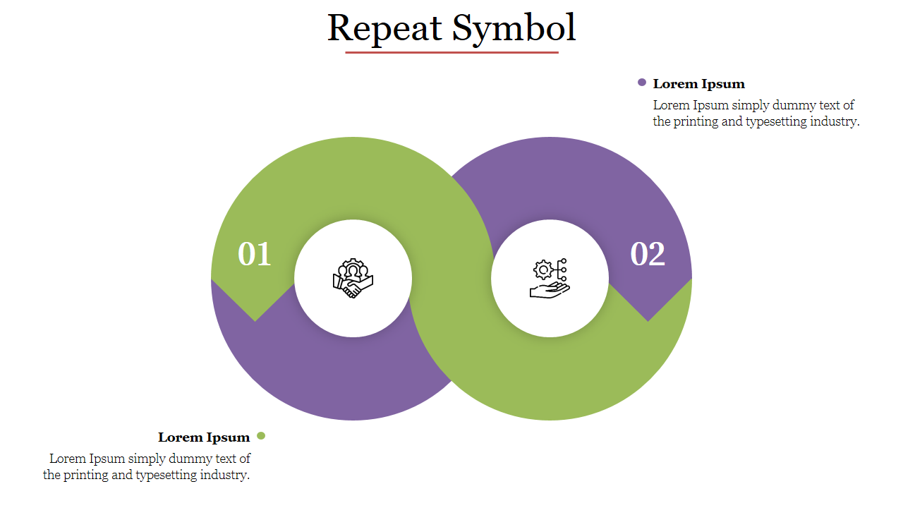 Two overlapping circles with green and purple halves, labeled 01 and 02, featuring icons of a handshake and gear.