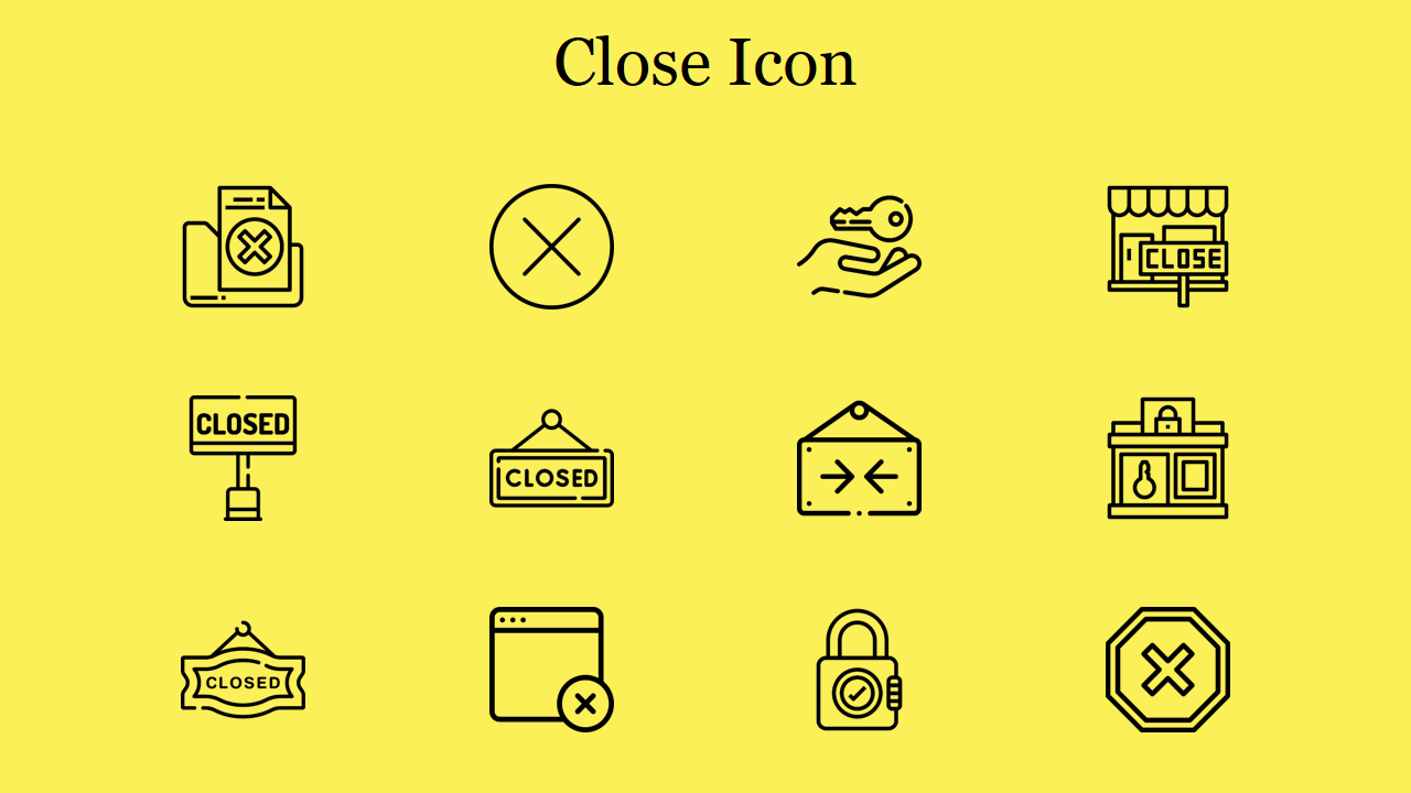 Collection of close icons including closed signs, locks, and a cross symbol on a bright yellow background.