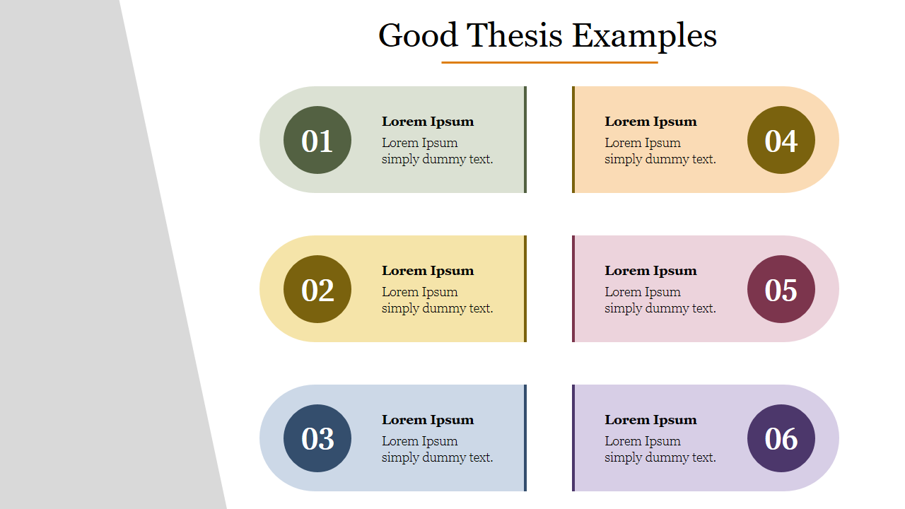 Graphic design showcasing various thesis examples, organized in colorful boxes with placeholder text.