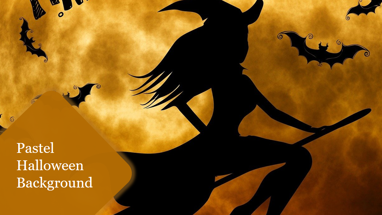 Silhouette of a witch on a broomstick against an orange and yellow textured sky with flying bats.