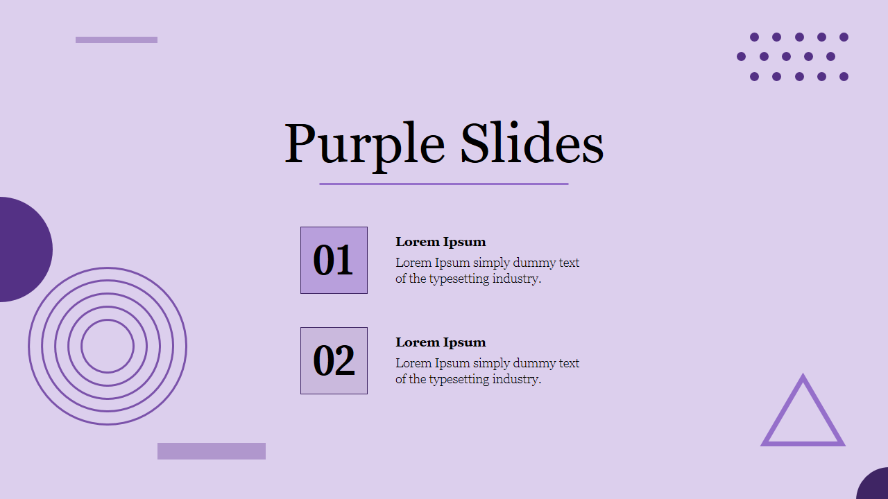 Purple template with modern design accents, featuring numbered placeholders text areas and decorations for content.