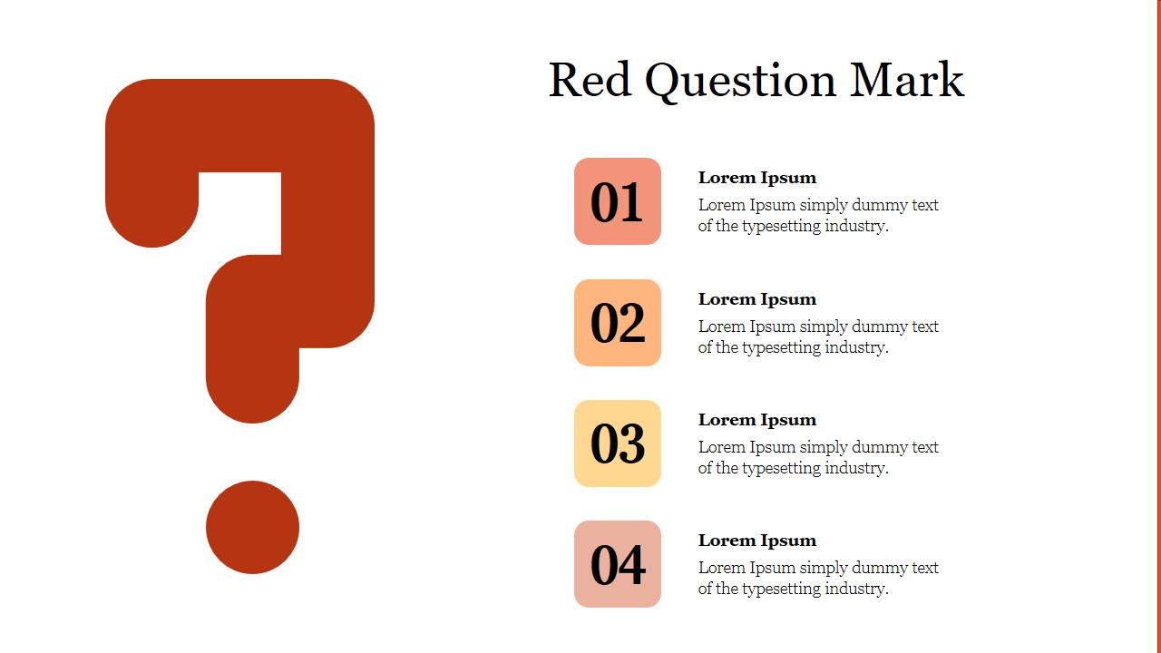 Large red question mark on the left, with four numbered text boxes in yellow, and orange shaes on the right.