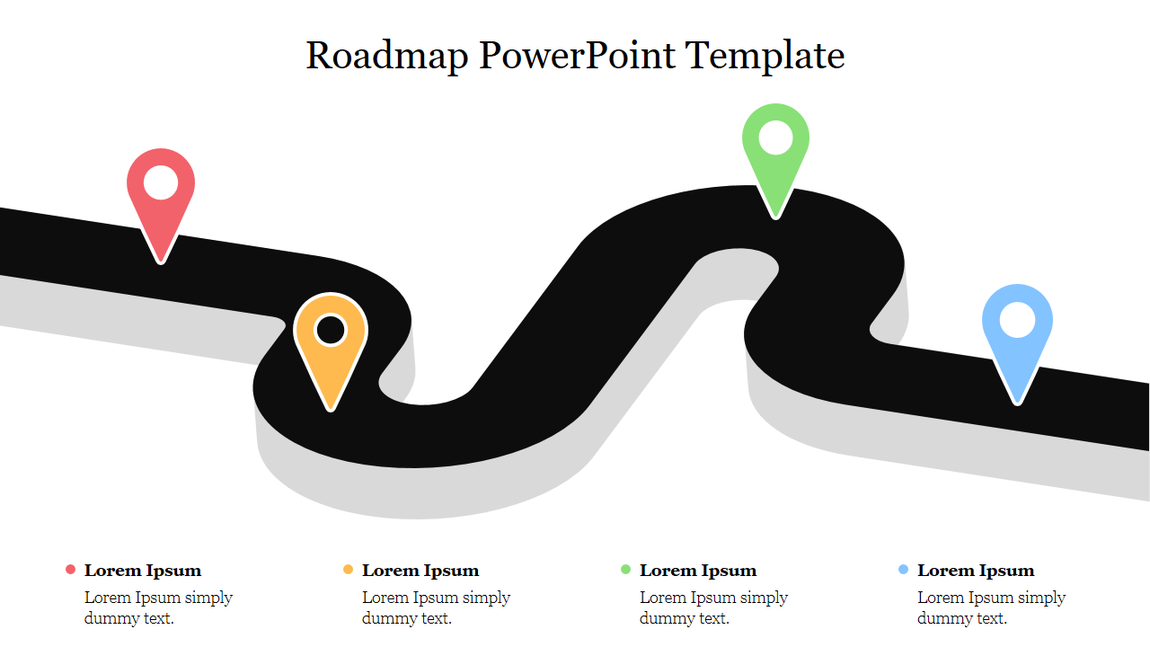 Curved roadmap design with four location markers in red, yellow, green, and blue representing different milestones.