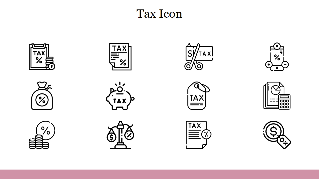 Tax icon set featuring a variety of black and white line illustrations representing different aspects of taxation.