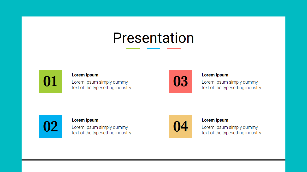 Colorful Google presentation slide with numbered boxes and simple captions with a blue border on a white backdrop.