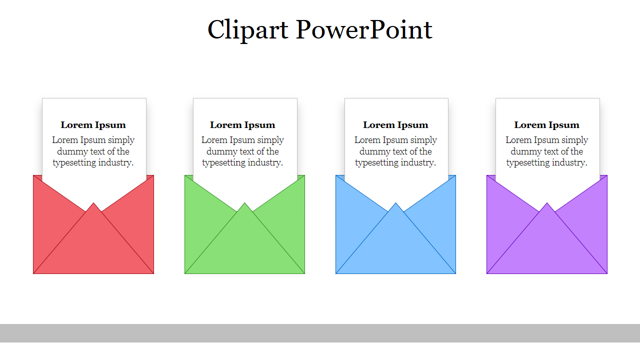 Colorful clipart design featuring four envelopes in red, green, blue, and purple, each with space for text.