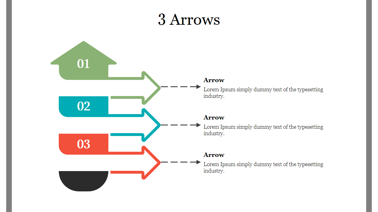 Three arrows pointing right, each with distinct colors, leading to corresponding sections with placeholder text.