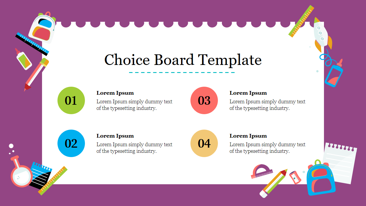 Colorful choice board slide with four numbered sections on a white background, surrounded by playful school themed icons.