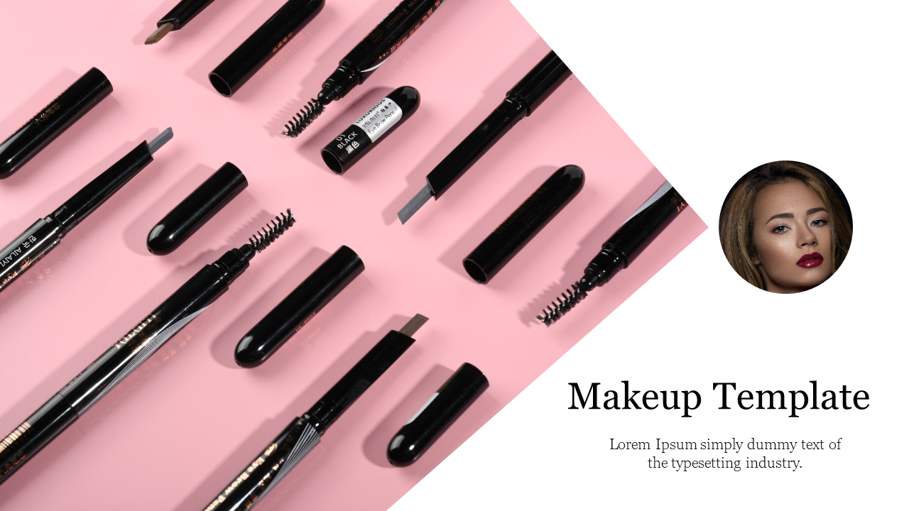 Flat lay of black makeup tools on a pink background, with a circular portrait of a woman on the right.