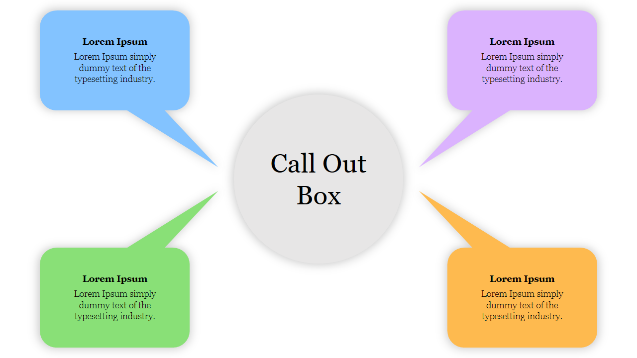 Central call out box with four colorful speech bubbles extending in blue, green, purple, and orange.