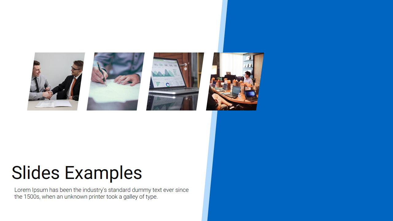 Four tilted business related images on a white background, next to a large blue panel on the right.