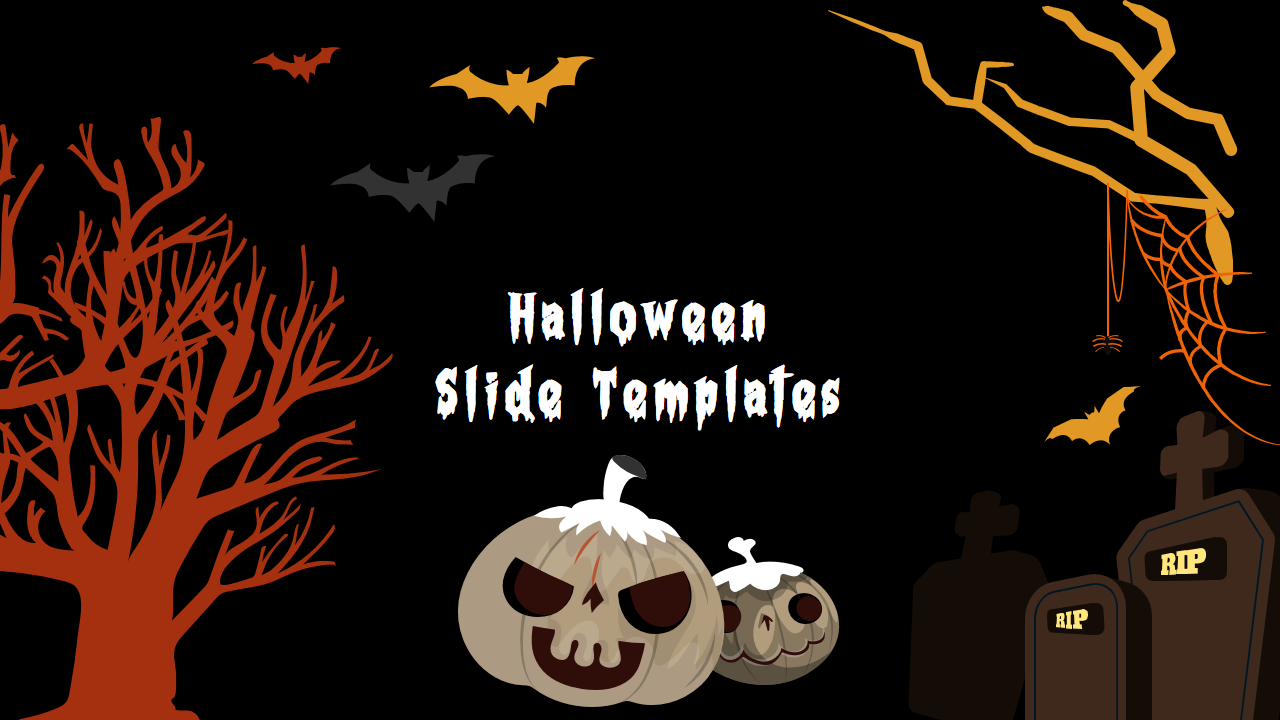 Halloween themed Google Slide featuring pumpkins with skull faces, bats, a spooky tree, and gravestones on a black backdrop.