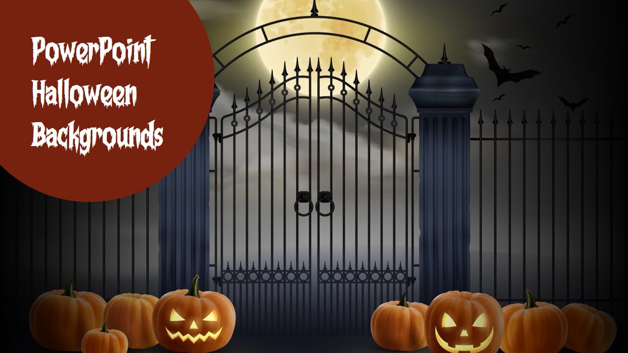 Halloween themed PowerPoint slide background featuring a spooky gate, full moon, flying bats, and illuminated pumpkins.