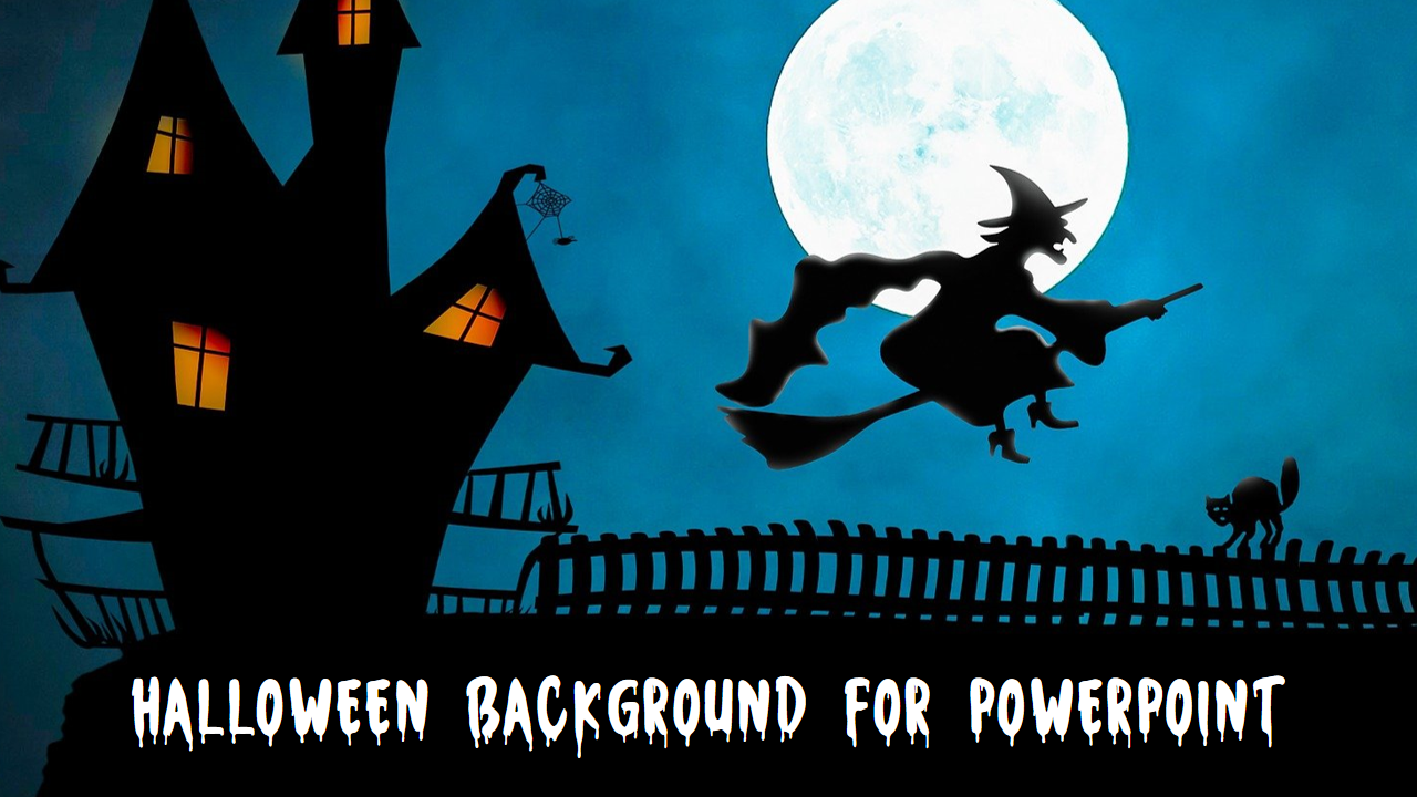 Halloween scene featuring a witch flying with a broomstick, a haunted house, and a black cat against a full moon backdrop.