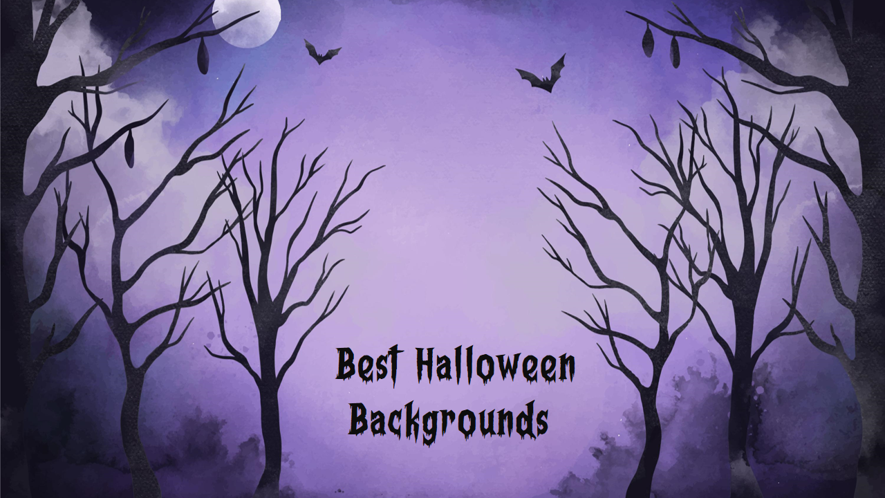 Halloween slide with silhouetted trees and bats flying under a glowing moon, on a purple background.