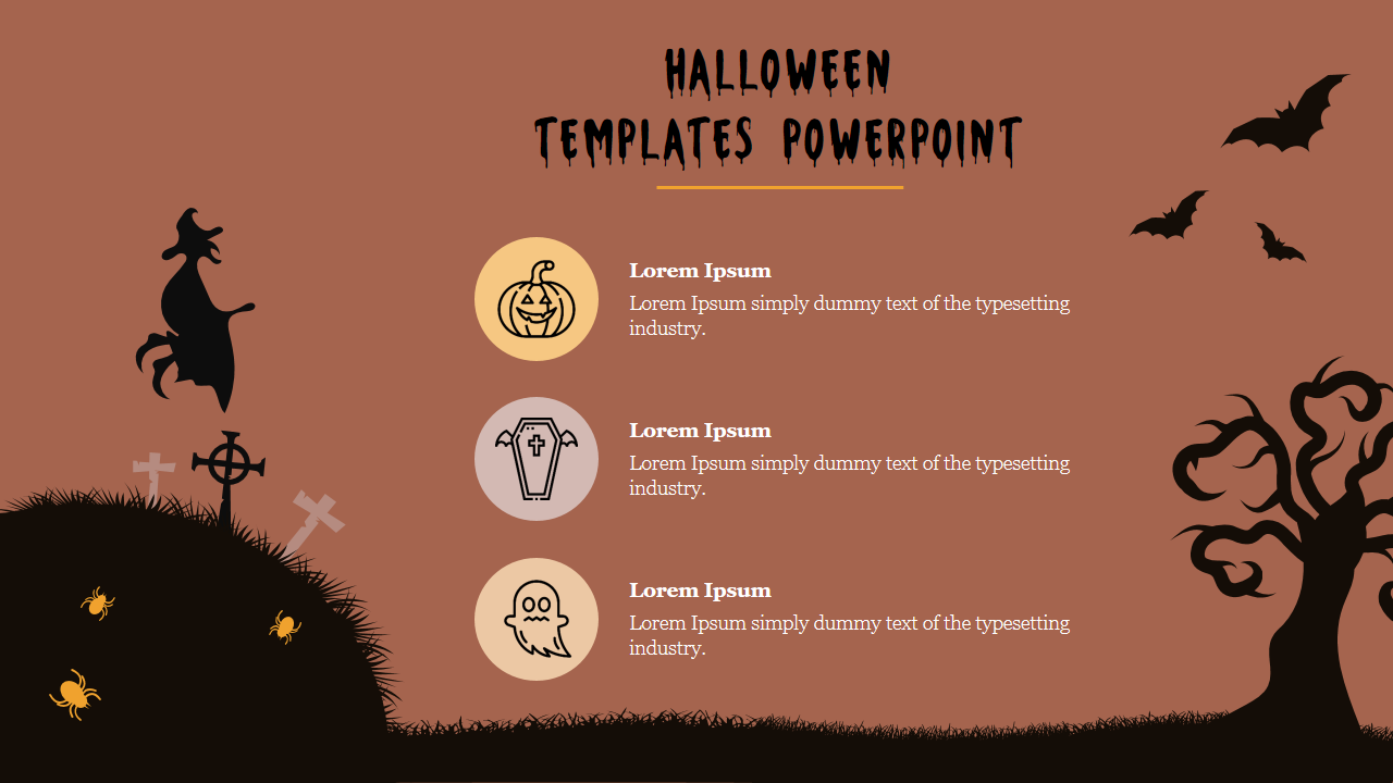 Halloween themed PowerPoint template with icons of a witch, pumpkin, coffin, and ghost, surrounded by bats and gravestones.