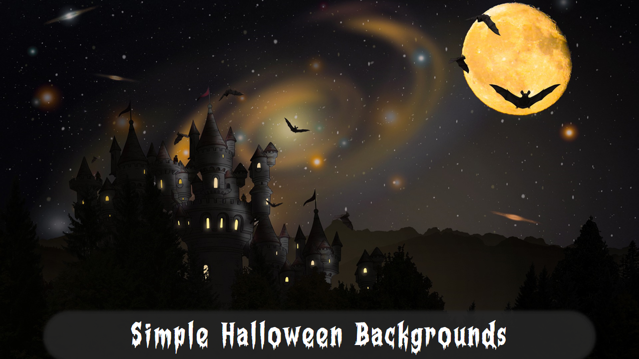 Simple Halloween background slide featuring a castle silhouette, glowing moon, and flying bats in a starry night sky.