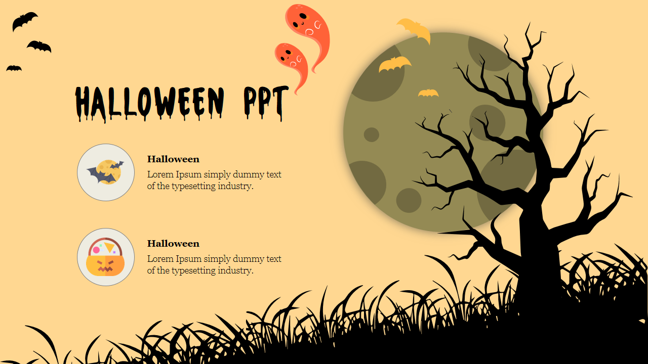 Halloween themed slide with spooky tree, moon, ghosts, bats, and three text areas, against a pastel yellow background.