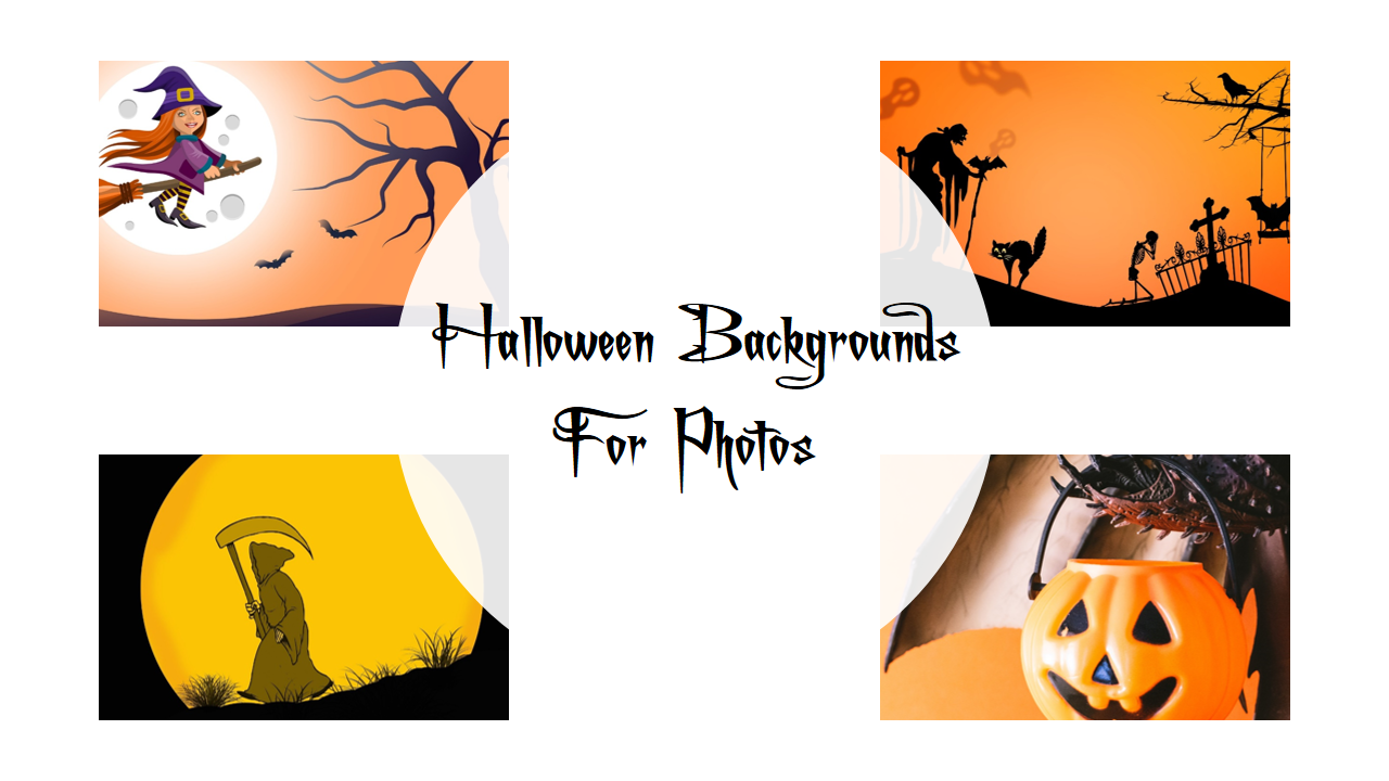 Collage of four Halloween photo backgrounds with witch, graveyard, reaper, and pumpkin designs, set on a white background.