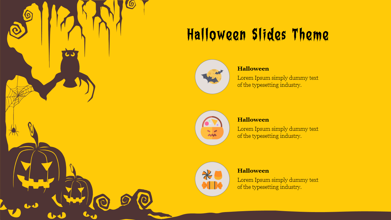 Halloween themed slide with pumpkins, a bat, and spider webs in dark brown, and three text fields, set on a yellow backdrop.